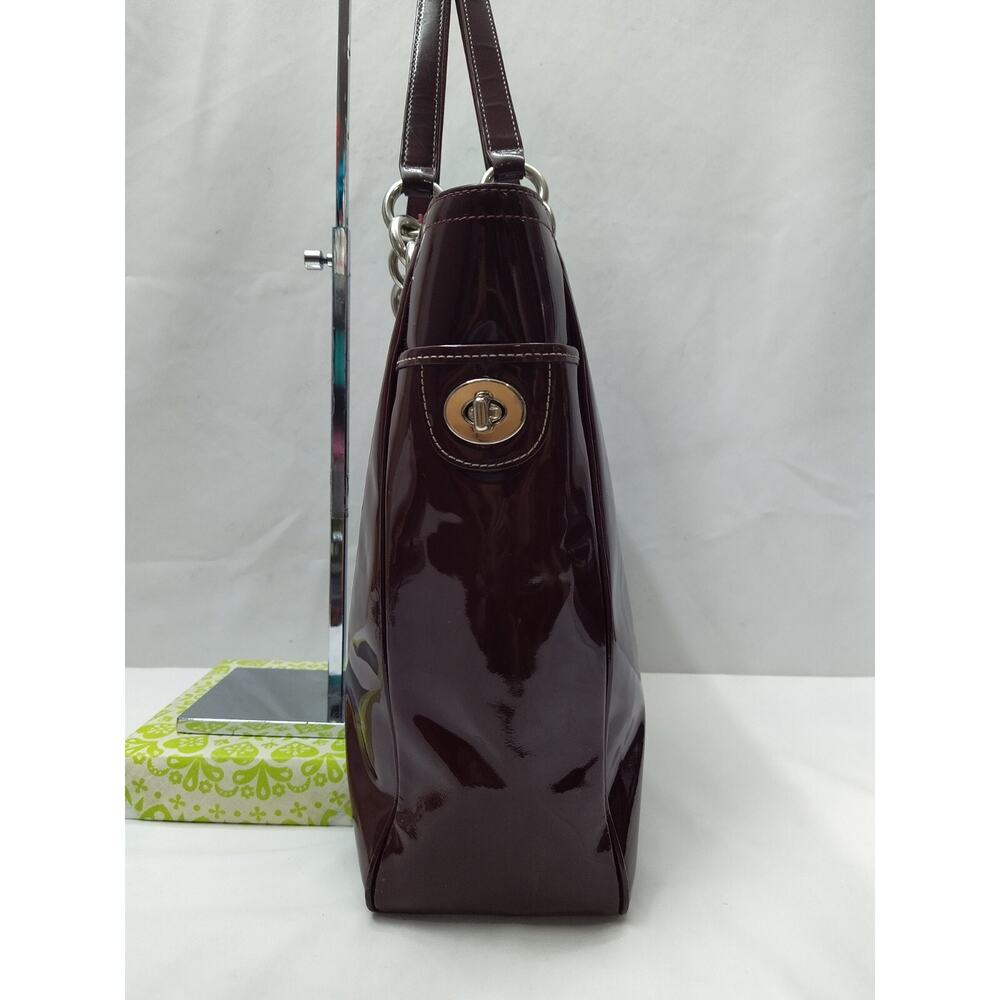 Coach Galaxy Purple Plum Patent Leather Tunrlock Pocket Double Handle Tote Bag - Picture 4 of 16